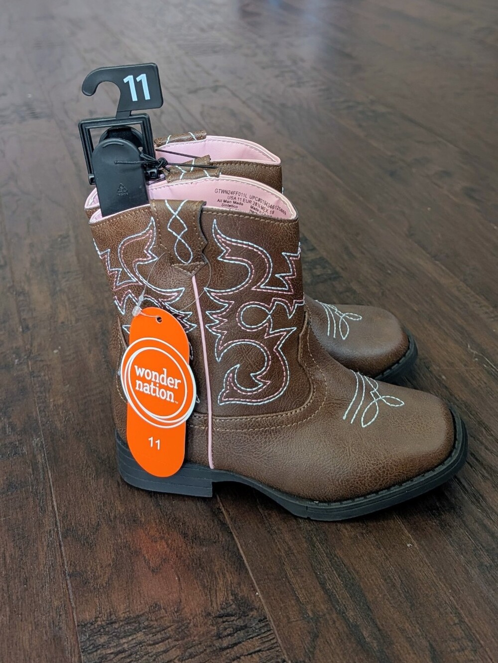 Little Girls Brown Western Cowgirl Boots with Pink/White Stitching - Size 11 - Picture 8 of 11